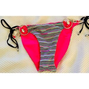 Beach Bunny‎ Bronze XL Bikini Bottoms Pink Orange Stripe Jeweled Tie Sides
